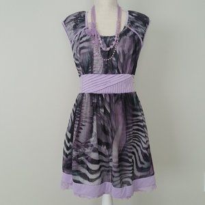 Chic Lilac & Black Chiffon Dress Bow on Waist Skater Lace Korean Brand SOGO